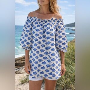 NWT Backwoods Boutique Coastal Blue Floral Puff Sleeve Dress Small